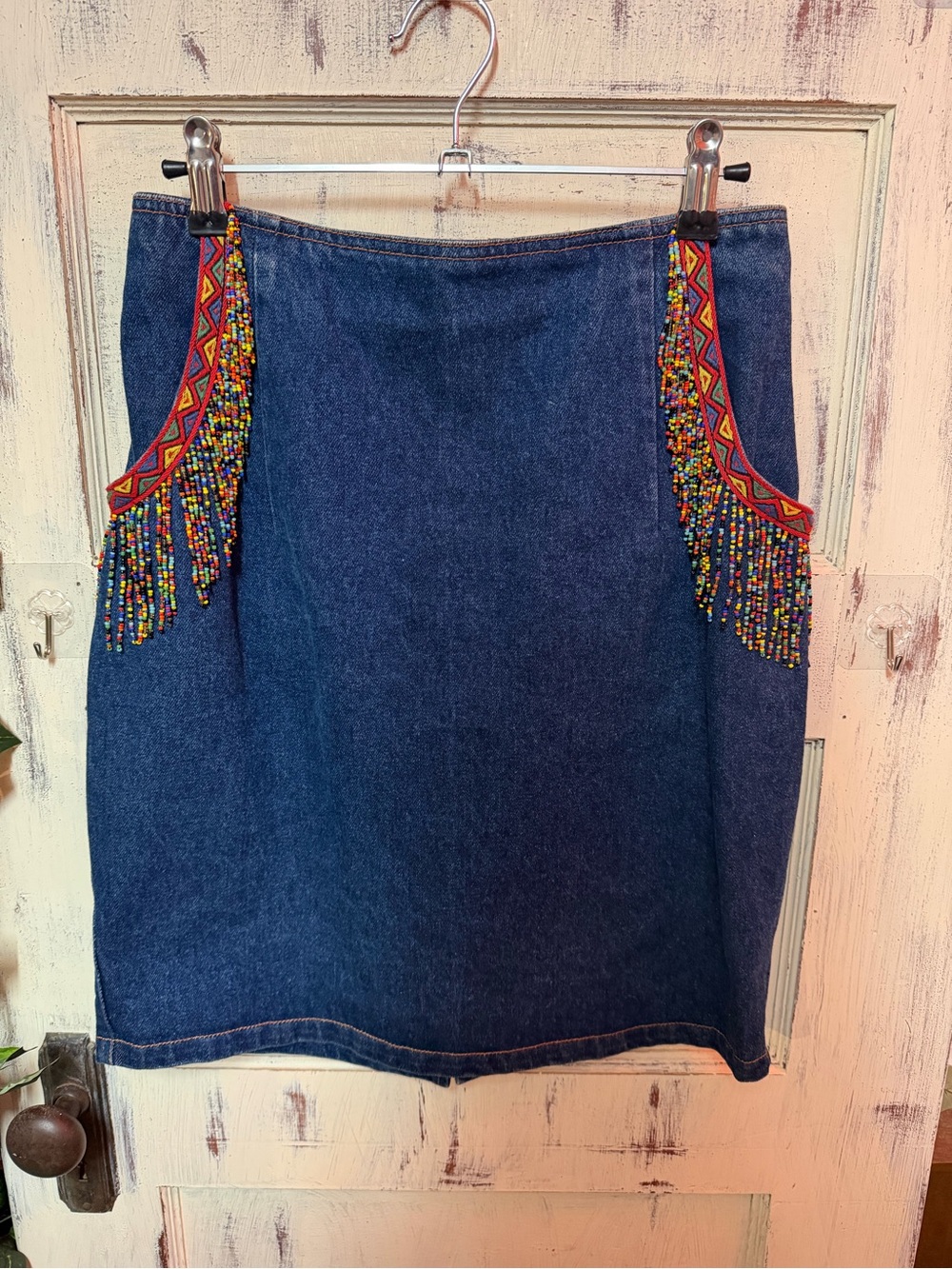 Beaded Fringe Denim Midi Skirt - Blue 110D